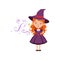 Cute small witch casts a spell with the magic wand. Young red-haired kid girl wearing purple dress and hat. Vector flat