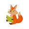 Cute smart cartoon red fox character sitting on the floor reading a book vector Illustration on a white background