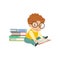 Cute smart little boy character wearing glasses sitting on the floor and reading a book vector Illustration on a white