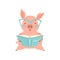 Cute smart little pig reading a book, funny piglet cartoon character vector Illustration on a white background
