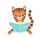 Cute Smart Little Tiger Sitting and Reading Book, Adorable Wild Animal Cartoon Character Vector Illustration