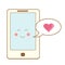 Cute smartphone icon. Kawaii smiling mobile phone character with speech bubble