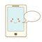 Cute smartphone icon. Kawaii smiling phone character with speech bubble