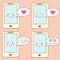 Cute smartphone icons, design elements. Kawaii smiling mobile phone character with speech bubbles and messages, notifications, sms