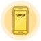 Cute smartphone vector icon. Kawaii cheerful yellow mobile with sunglasses. Cartoon phone with funny face. Online apps.