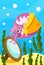 Cute smiling animals and underwater world. Cute clam trying on shirt in front of mirror. Undersea world animals, algae and water