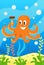 Cute smiling animals and underwater world. Cute octopus holds hammer and many nails in each of its tentacles. Undersea world