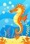 Cute smiling animals and underwater world. Cute seahorse blows soap bubbles. Undersea world animals, algae and water bubble