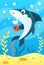 Cute smiling animals and underwater world. Cute shark holds mug of coffee and blows, cooling the coffee. Undersea world animals,