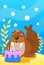 Cute smiling animals and underwater world. Cute walrus blows candles on cake. Undersea world animals, algae and water bubble