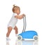 Cute smiling baby girl toddler with toy walker make first steps