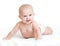 Cute smiling baby lying on white towel in nappy