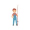 Cute Smiling Boy Standing with Fishing Rod, Little Fisherman Cartoon Character Vector Illustration