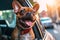 Cute smiling brown french bulldog travel by auto in summer. Travelling and vacation concept. Generative AI