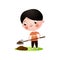 Cute smiling brunette boy digging in garden with shovel