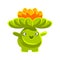 Cute smiling cactus emoji with flowers on his head. Cartoon emotions character vector Illustration