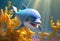 Cute smiling cartoon dolphin on a background of turquoise water and corals.Stylized adorable baby dolphin.