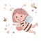 Cute smiling cartoon girl-bee flies surrounded by a honeybee, a bumblebee.