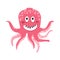 Cute smiling cartoon pink octopus character, funny ocean coral reef animal vector Illustration