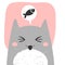 Cute smiling cat with anime emotion and speech babble with fish. hand drawn vector illustration of kitty in flat cartoon design.