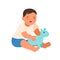 Cute smiling child playing with soft toy vector flat illustration. Happy little boy sitting hugging plaything isolated