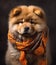 cute smiling Chow Chow dog with scarf in a grey background, portrait created by generative AI technology