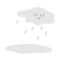 Cute smiling cloud with rain drops and puddle. Vector autumn weather character isolated on white background. Fall season kawaii