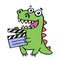 Cute smiling dinosaur with movie clapper board. Vector illustration.