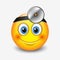 Cute smiling doctor emoticon wearing head-mirror, emoji, smiley - vector illustration
