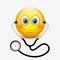 Cute smiling doctor emoticon wearing stethoscope, emoji, smiley - vector illustration