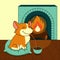 Cute smiling dog of welsh corgi drinks hot chocolate with a fireplace. Vector illustration. For cards, calendars