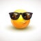 Cute smiling emoticon wearing black sunglasses, emoji, smiley - vector illustration
