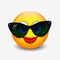 Cute smiling emoticon wearing black sunglasses, emoji, smiley - vector illustration