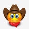 Cute smiling emoticon wearing cowboy hat, emoji, smiley - vector illustration