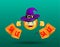 Cute smiling face emoticon wearing witch purple hat with scary decor of spider on cobweb and holding shopping bags with bloody red