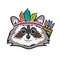 Cute smiling face of tribal Injun raccoon. Flat vector illustration