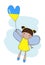 Cute smiling fairy clutches a heart-shaped balloon with the colors of the flag of Ukraine. Support for Ukraine concept