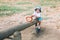 Cute smiling fashionable kid on swing.