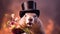 Cute, smiling fluffy marmot in a top hat with a large bouquet of spring flowers, in pink sunbeams.
