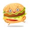 Cute smiling fresh american burger is running away