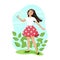 Cute smiling girl with a flower in her hand. A female character in a floral skirt. Vector illustration in flat cartoon.