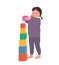 Cute smiling girl is standing holding colorful cube vector flat illustration. Baby playing developing toy