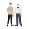 Cute smiling grandfather and grandson standing together. Funny happy elderly man and young guy talking to each other and