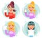 Cute smiling happy girl hold paper sheet smartphone photo card picture icons set flat design clipart vector illustration