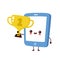 Cute smiling happy smartphone hold gold cup