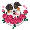 Cute smiling herding dog holding bouquet of roses vector cartoon illustration isolated on white. Pet lovers, friendship, love,