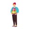 Cute smiling hipster boy carrying gift boxes. Happy young man holding purchases or presents. Shopaholics. Male cartoon