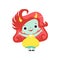 Cute Smiling Horned Troll Girl, Happy Adorable Fantasy Creature Character with Red Hair Vector Illustration