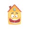 Cute smiling house cartoon character, funny facial expression emoticon vector illustration