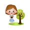 Cute smiling kid girl take apples from tree in basket